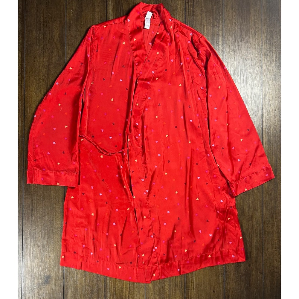Stars Above Red Heart Print Satin Robe ML Long Sleeve Tie Waist Pockets